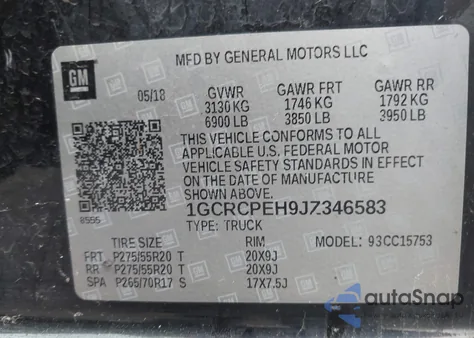 2018 Chevrolet Silverado 1500 Custom from USA, damaged, VIN 1GCRCPEH9JZ346583